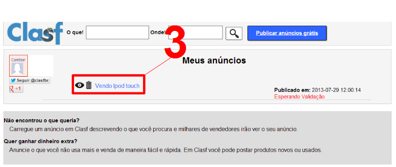 Terceiro passo para apagar ou modifcar um anuncio em clasf