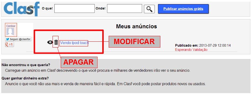 Quarto passo para apagar ou modifcar um anuncio em clasf