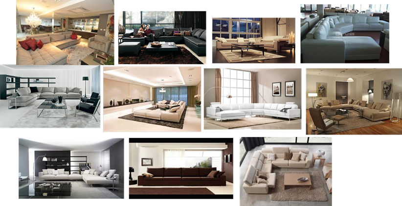 Várias salas com diferentes sofás grandes