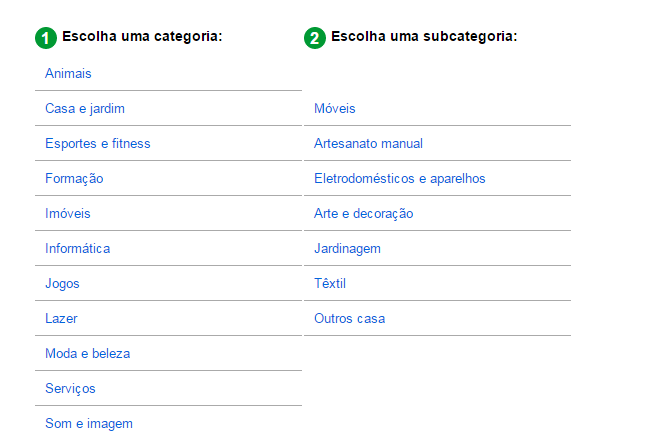 categoria e subcategoria para publicar anuncios em Clasf